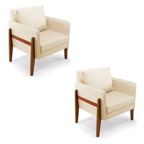 Kit 02 Poltronas Lana Corino Base De Madeira Bege