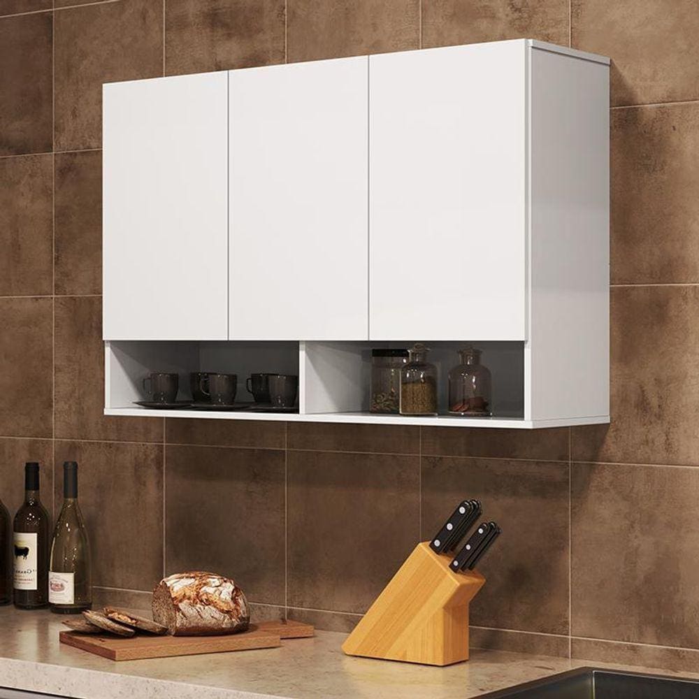 Armario Aereo Milão Cozinha 3 Portas E 2 Nichos Branco