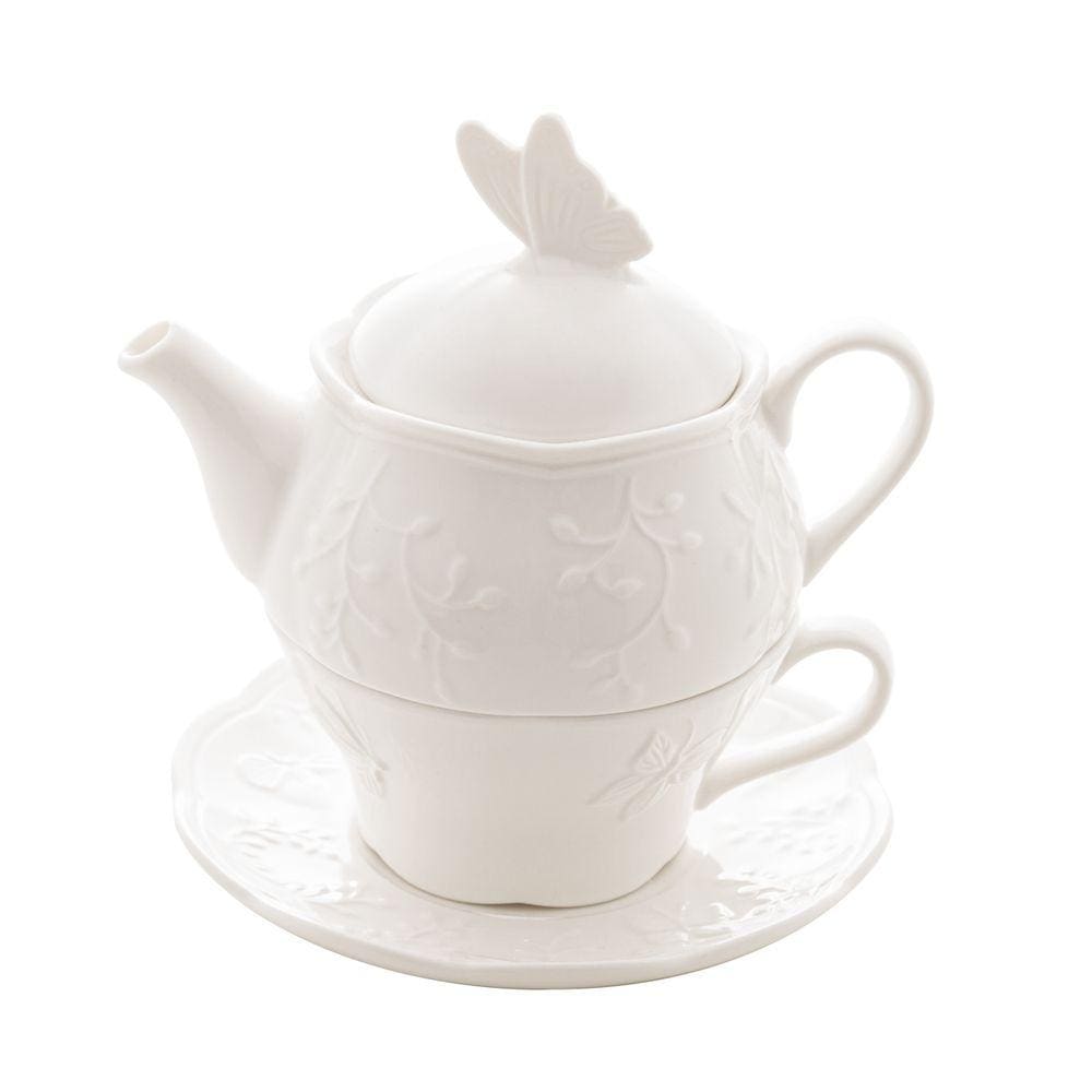 Cj P/Chá de Porcelana New Bone Butterfly Flower Branco 3 Peças Lyor