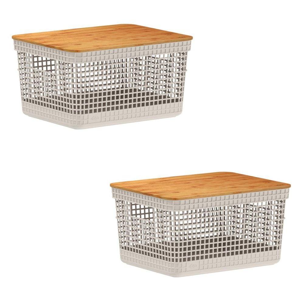 2X Caixa Organizadora Cesto Tampa De Bambu 8 Litros Grid Ou