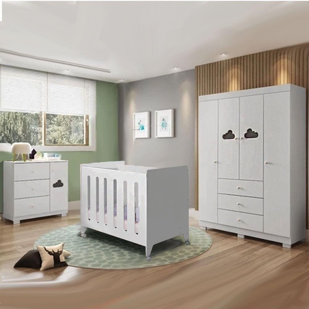 Quarto para Bebê Completo Ane Com Roupeiro 4 Portas, Cômoda
