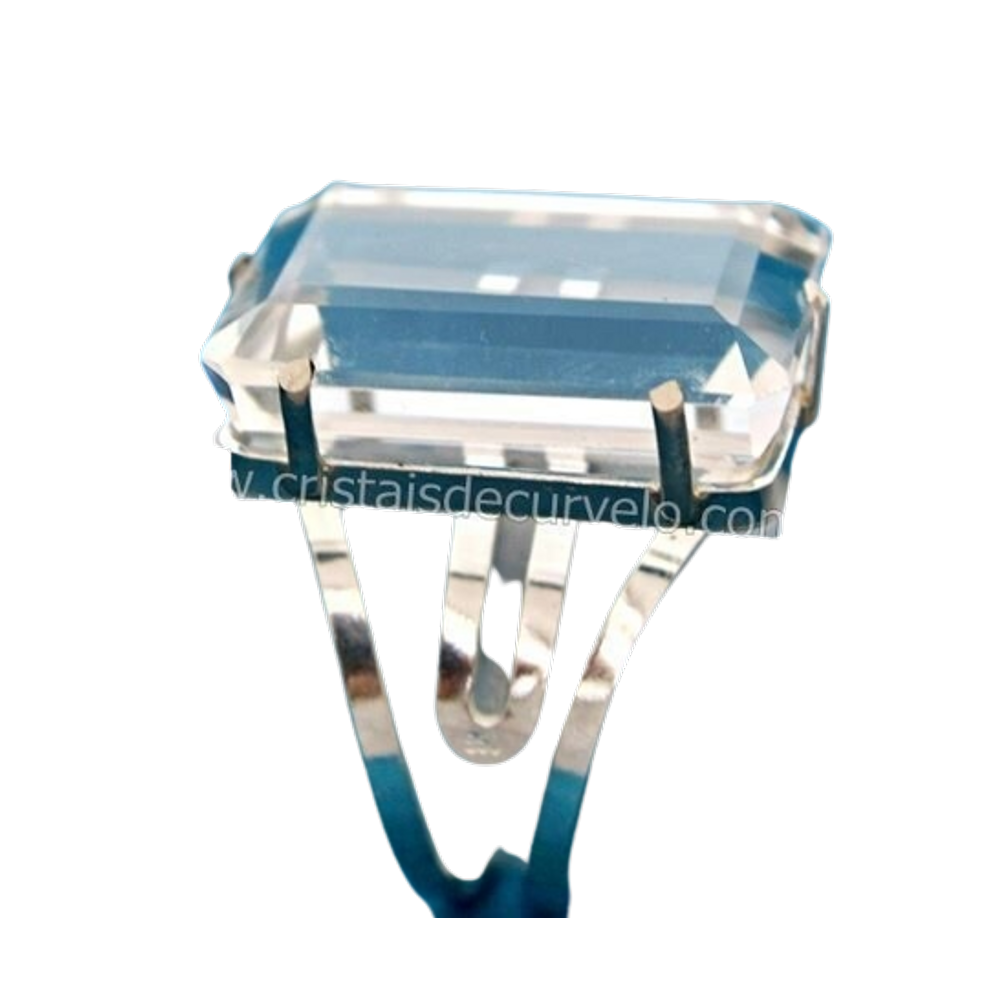 Anel Pedra Cristal Retangular Facetado Prata Aro Ajustavel