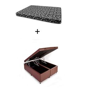 Cama Box Baú Casal 138 Bipartido - Bello Box Tecido Sintético Marrom com Colchão New York Preto D28 - 100% Espuma - 54x138x188