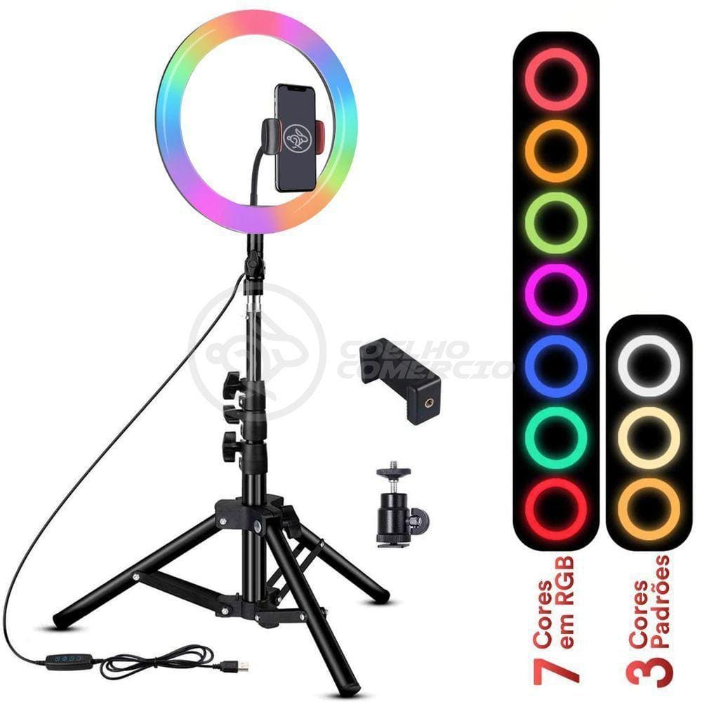 Kit Iluminador Luz Ring Light Rgb Colorida 1026Cm Tripé