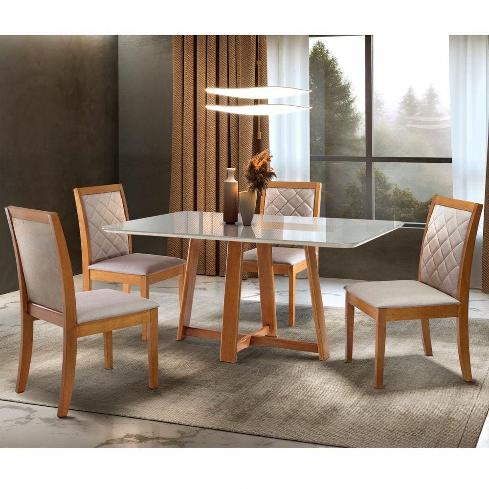 Conjunto Sala de Jantar Mesa e 4 Cadeiras Berlim Matos e Lopes Cinamomo/Off White/Suede Bege