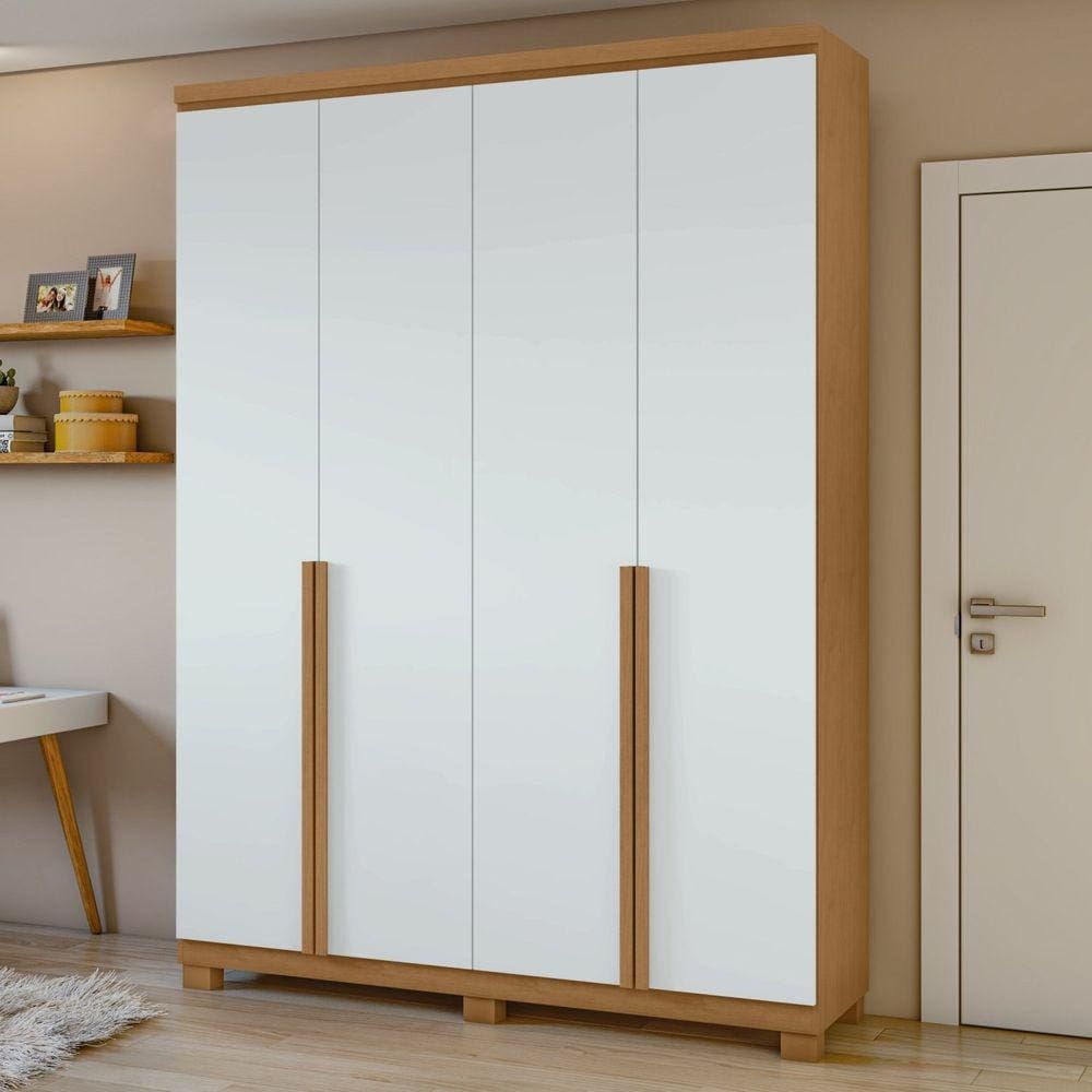 Guarda Roupa Solteiro 4 Portas 2 Gavetas Alonzo Móveis Lopas Amêndoa Clean/Branco
