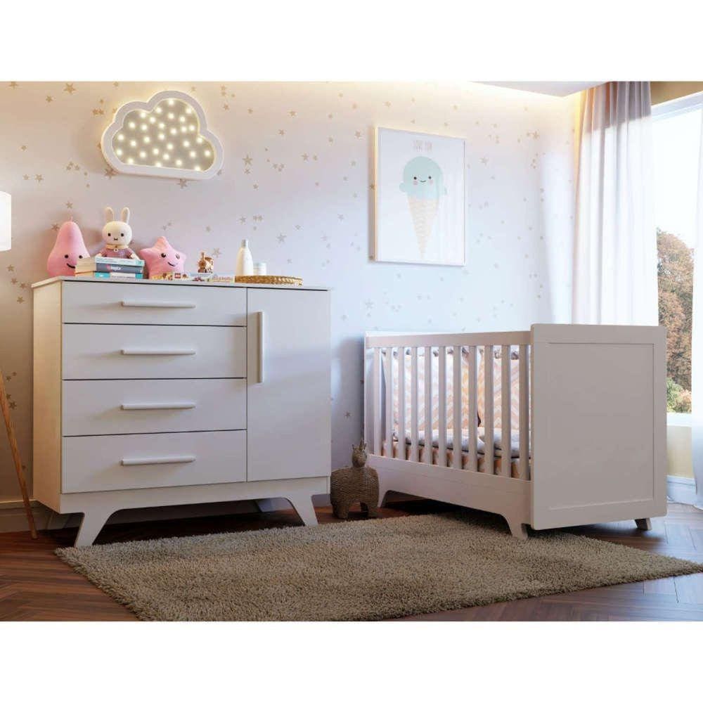 Conjunto Para Quarto de Bebê com Cômoda e Berço 100% MDF Kakau Retrô Espresso Móveis Branco