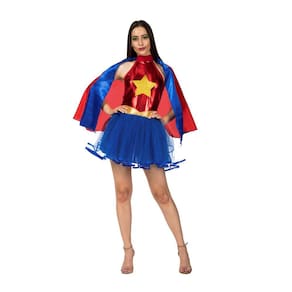 Fantasia Mulher Star Adulta Vestido Estilo Maravilha + Capa