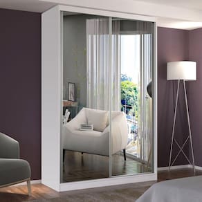 Guarda Roupa Solteiro com Espelho 2 Portas de Correr 2 Gavetas MDF MM771E2 Espresso Móveis Branco