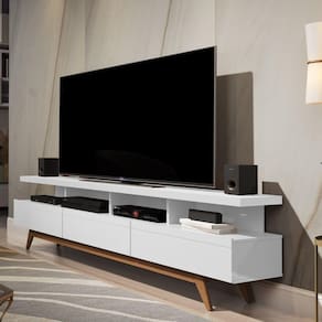 Rack 1,80 m 03 Gavetas e Pés de Madeira Vivare Wood - Germai - Branco Acetinado