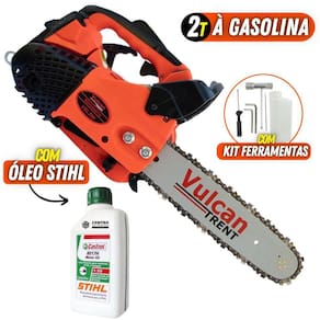 Motosserra á Gasolina Vulcan Trent VSL250 Motor 2 Tempos de 25,4cc 0,9HP Com Ponta Rolante 12 Pol e Corrente de 22 Dentes + Óleo Castrol Sthil 500ml