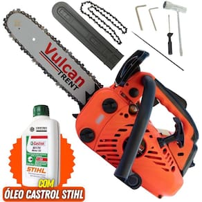 Motosserra Vulcan Trent VSL250 á Gasolina Motor 2 Tempos de 25,4cc 0,9HP Com Sabre 12 Pol Sendo Ideal Para Corte de Lenha + Óleo Castrol Sthil 500ml
