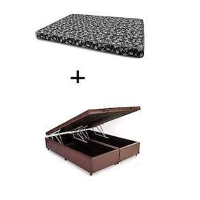 Cama Box Baú King 193 Bipartido - Bello Box Tecido Sintético Marrom com Colchão New York Preto D28 - 100% Espuma - 54x193x203