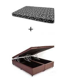 Cama Box Baú Queen Bipartido Bello Box - Tecido Sintético Marrom com Colchão New York Preto D28 - 100% Espuma - 54x158x198