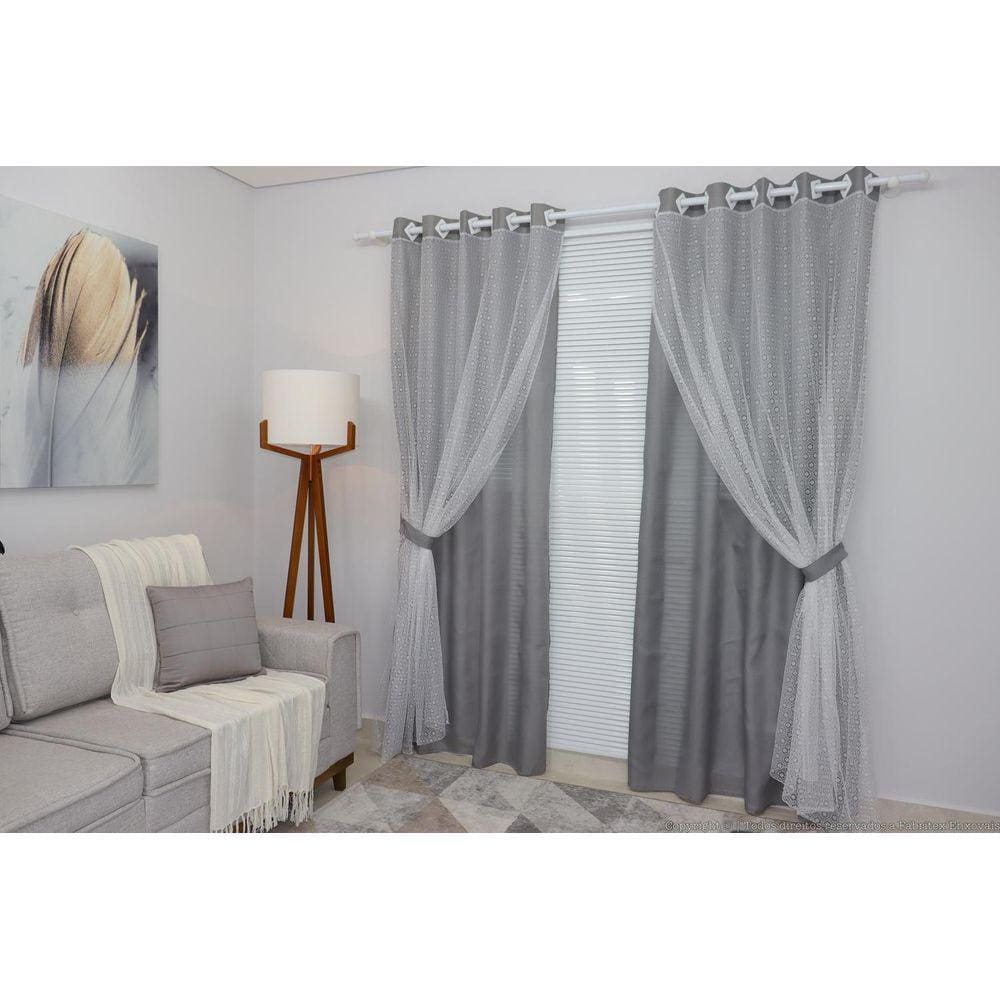 Cortina Cinza-Claro Sala/Quarto Tecido Renda 3,00 X 2,70M