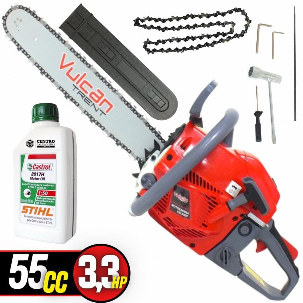 Moto Serra á Gasolina Vulcan VSL550P 2 Tempos 55CC 3,35HP Com Sabre 18`` Corrente de 32 Dentes Ideal Para Corte de Galhos e Lenha + Óleo Castrol Sthil
