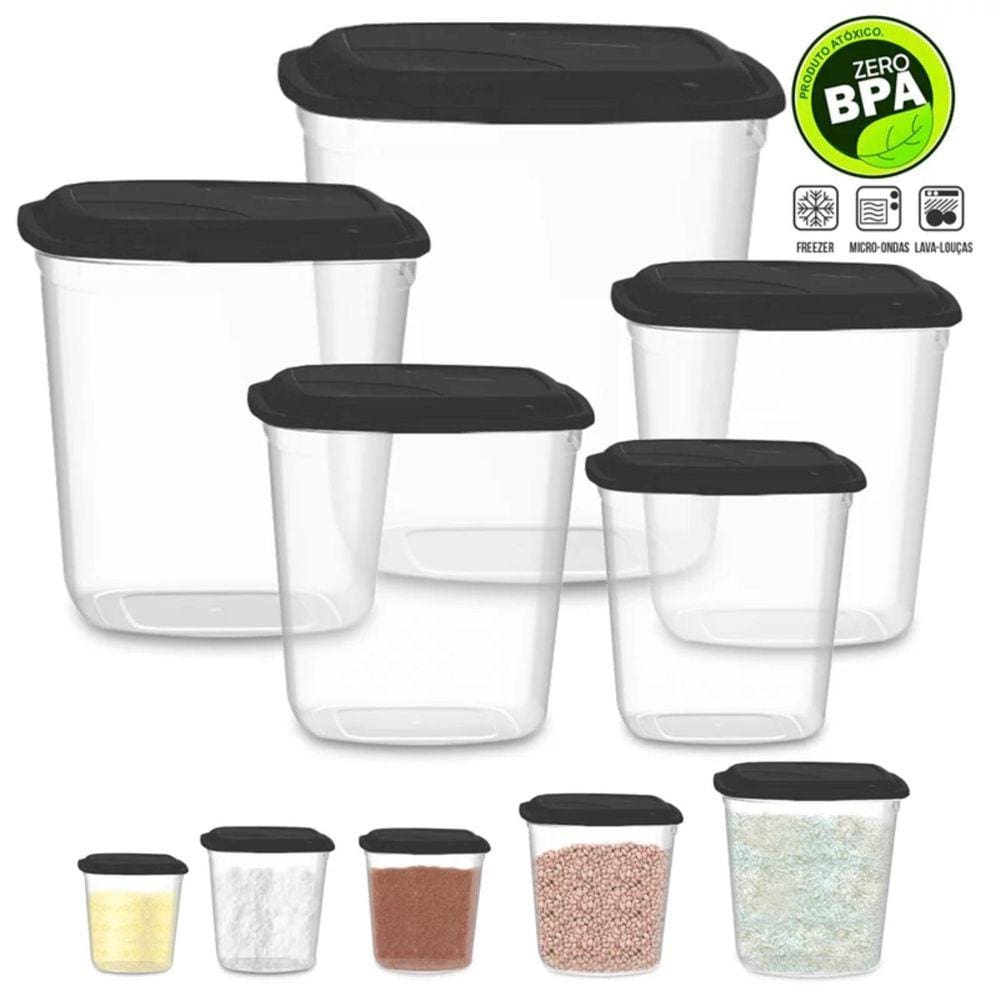 Kit 5 Potes Porta Mantimentos Com Tampa Preta Organizador
