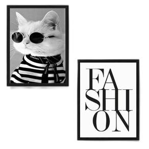 Kit 2 Quadros Fashion Gatinho Moda 45X34Cm Madeira Preta