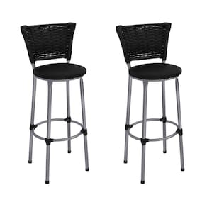 Kit 2 Banquetas Altas Prata com Encosto Junco Preto Assento Preto