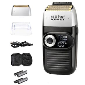 Barbeador Elétrico Masculino Á Prova D`água Remoção de Pelos Kemei 1400 mAh Com Duas Lâminas - KM-2026-Beard - Preto