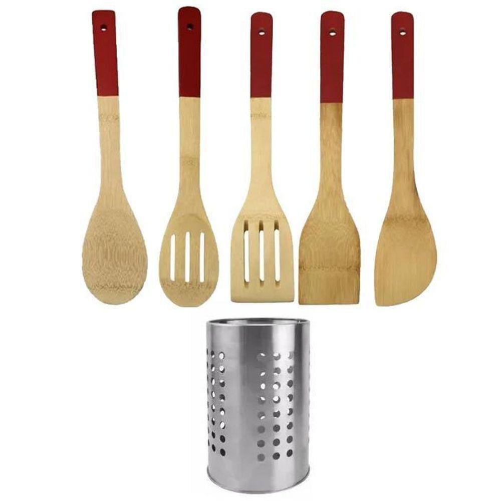 Jogo Kit Colheres De Madeira Bambu Cozinha 6 Peças Vermelho