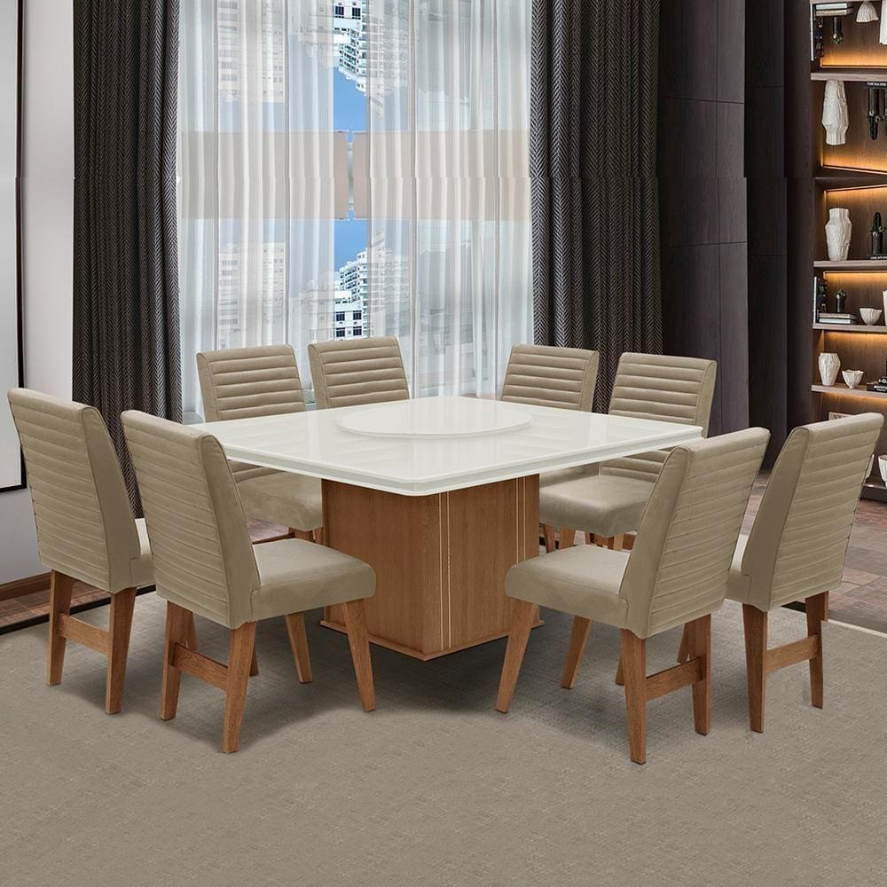 Conjunto Mesa Com Tampo Giratório 8 Cadeiras Cedro/Off White