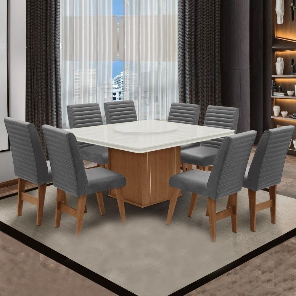 Conjunto De Mesa 8 Cadeiras Tampo Giratório Cedro/Off White
