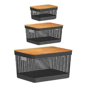 Kit 3 Cesto Organizador Grid Tampa De Bambu 2,5 E 8 E 20L