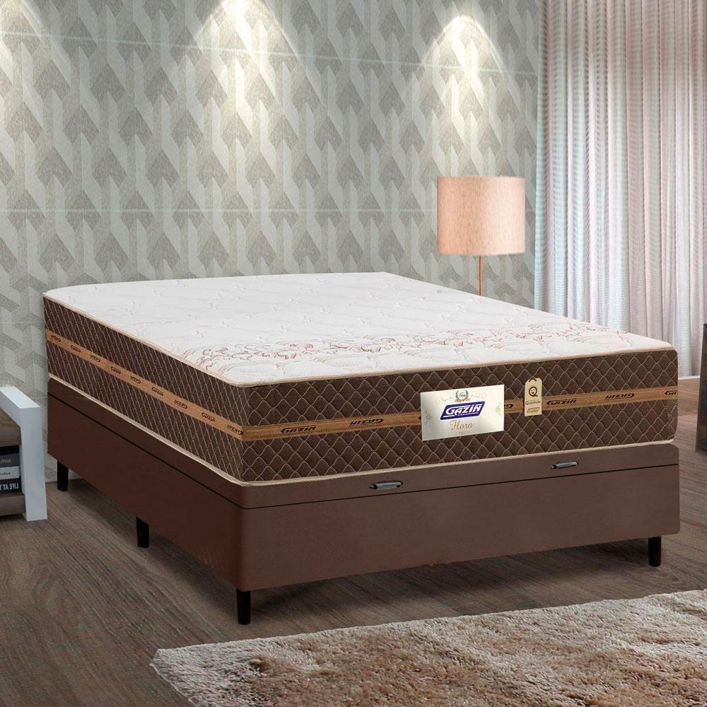 Cama Box Baú Casal Colchão Molas Flora Marrom / Branco