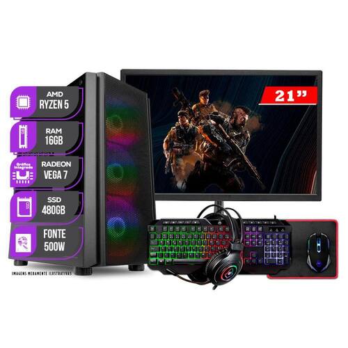 PC Gamer Completo Mancer, AMD Ryzen 5 4600G, 16GB DDR4, SSD 480GB + Monitor  21 + Cadeira Gamer