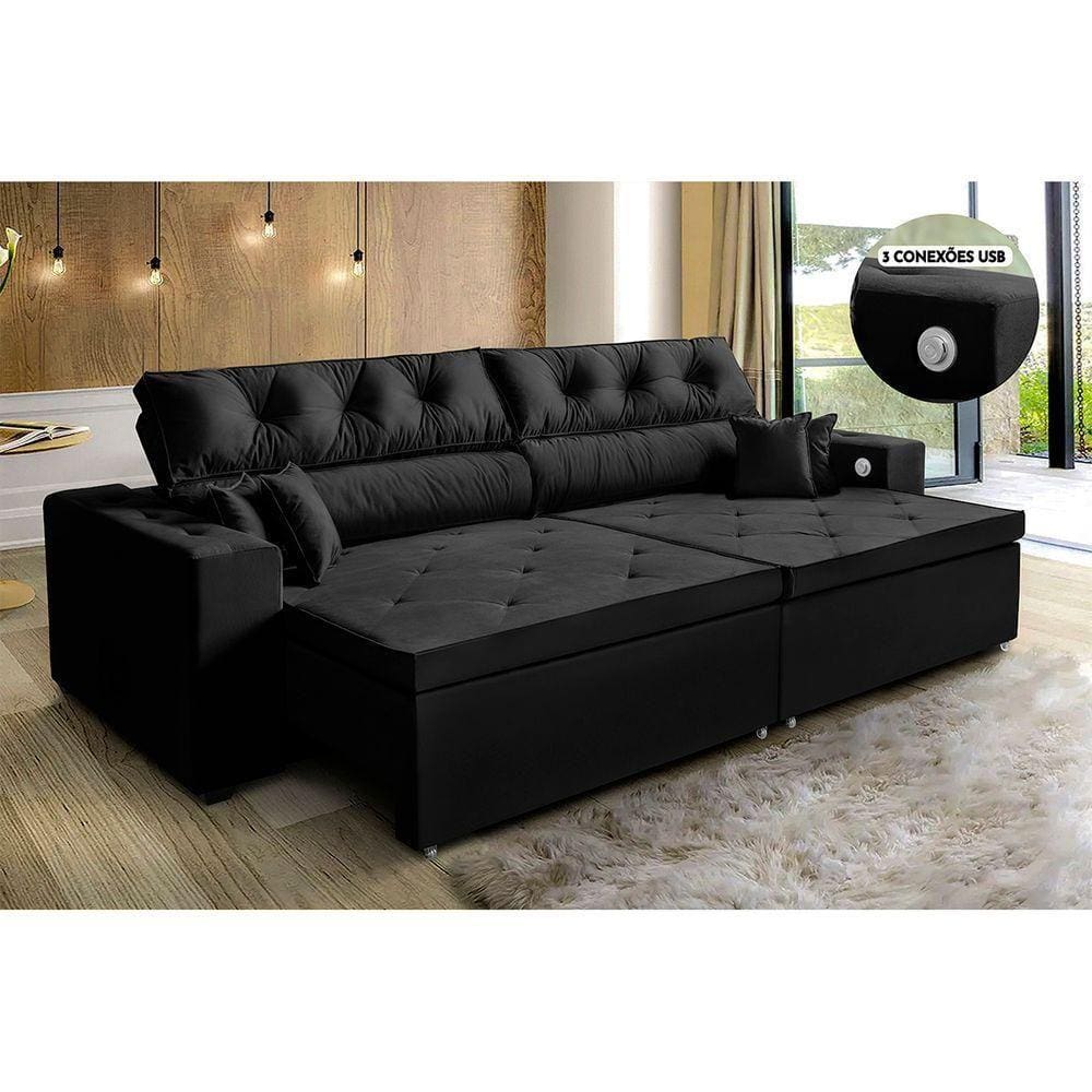 Sofá 3 Lugares 212cm Retrátil, Tecnologia Usb Preto