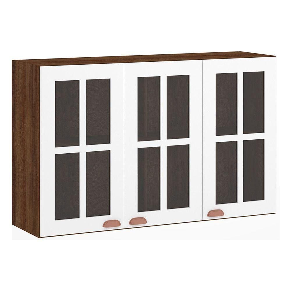 Armário Para Cozinha 120cm 3 Portas C/Vidro Nogueira