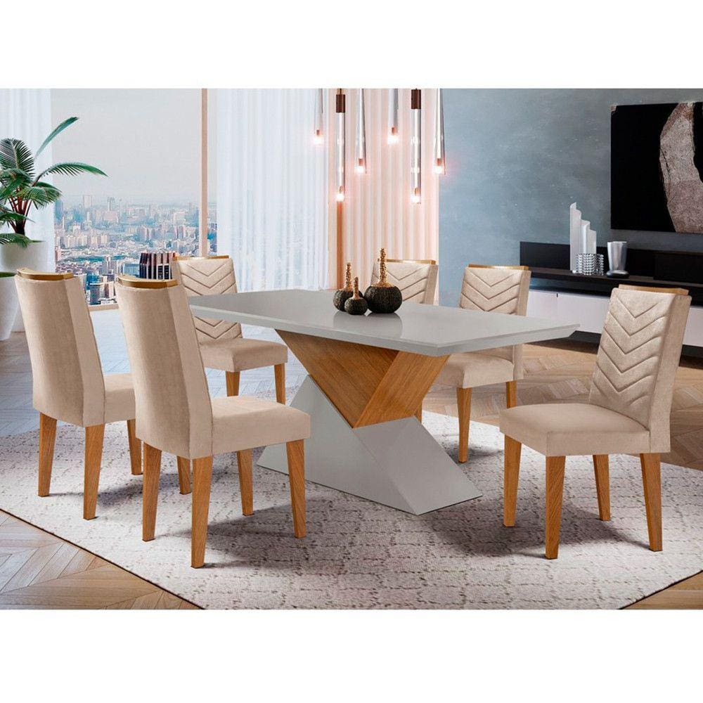 sala de jantar Aster 180 Tampo em MDF Canto Reto com 6 Cadeiras Liz Moderna