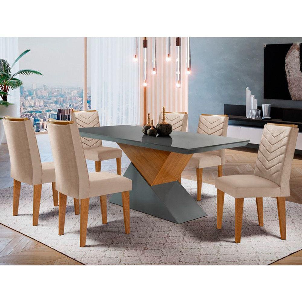 sala de jantar Aster 180 Tampo em MDF Canto Reto com 6 Cadeiras Liz Moderna