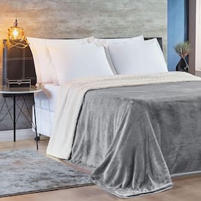 Cobertor Queen Sherpa + Mantinha Flannel 1 Peça Cinza
