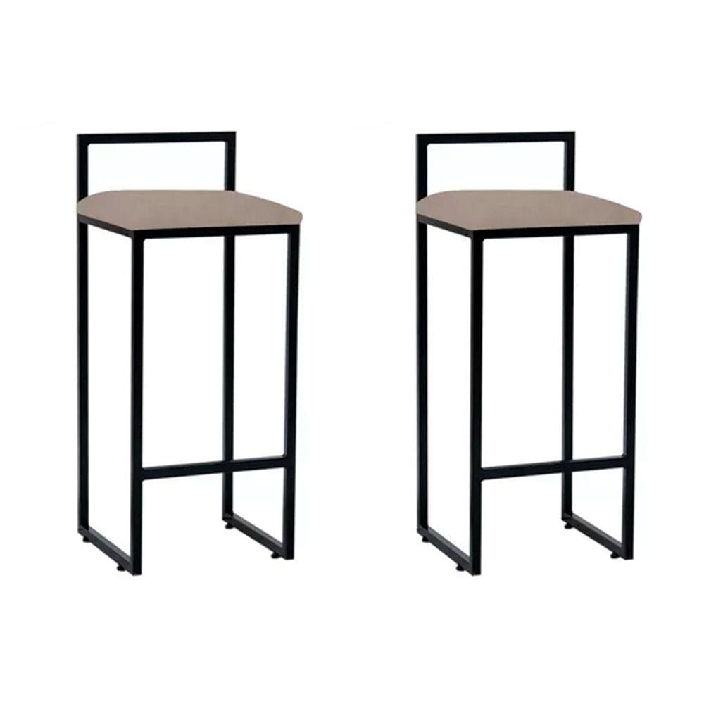 Kit 2 Banquetas Alta Industrial Bar Cozinha Bistrô Aço Dori Preta Assento Suede Bege