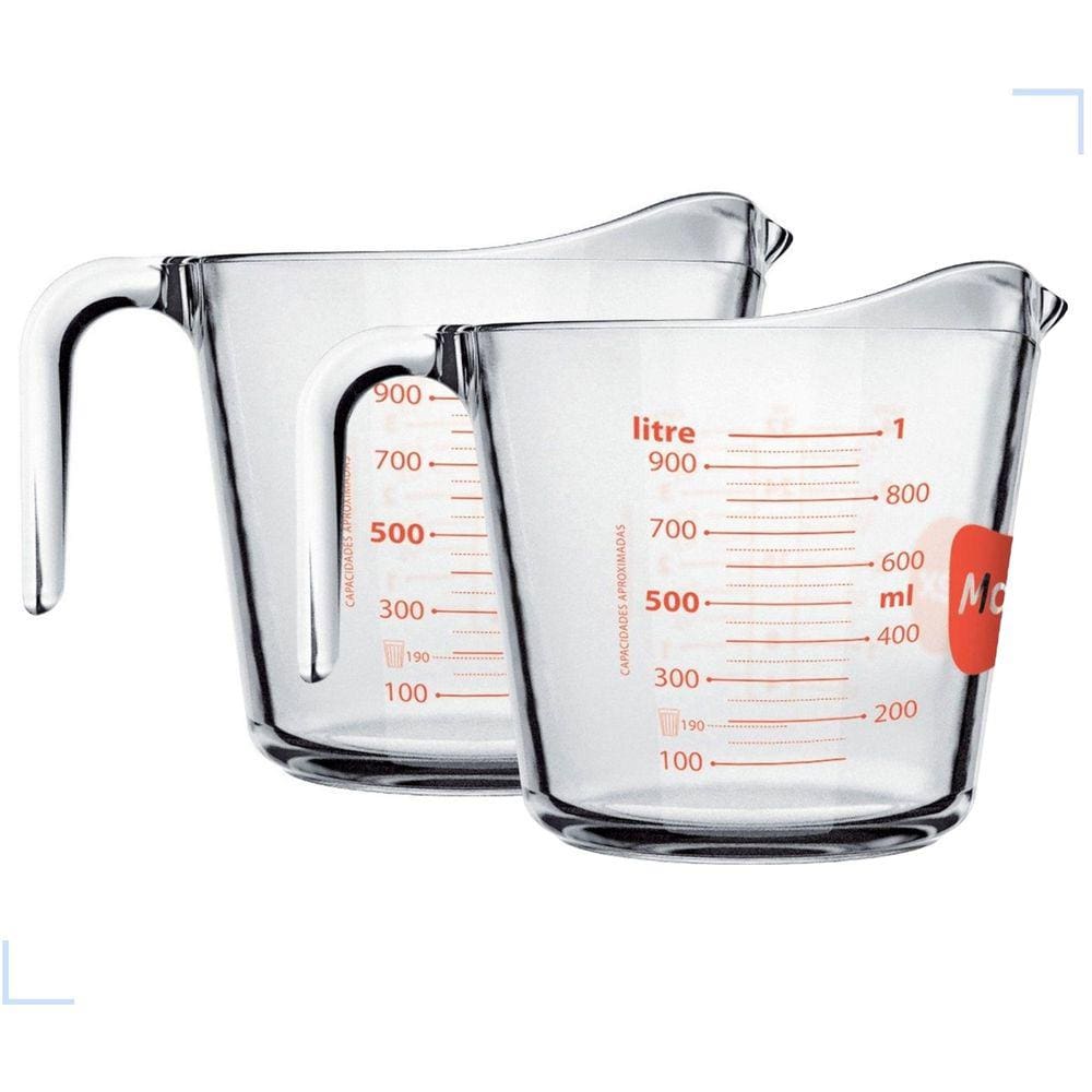 Kit 2 Jarras De Vidro Medidora Temperado Marinex 1 Litro Com Alça