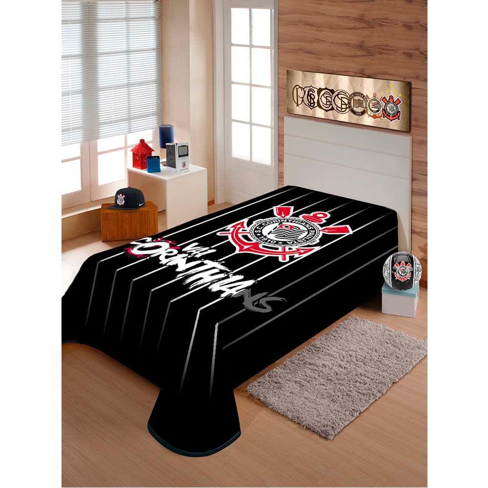 Cobertor Raschel Plus Casal 180x220cm SC Corinthians Paulista Preto Jolitex