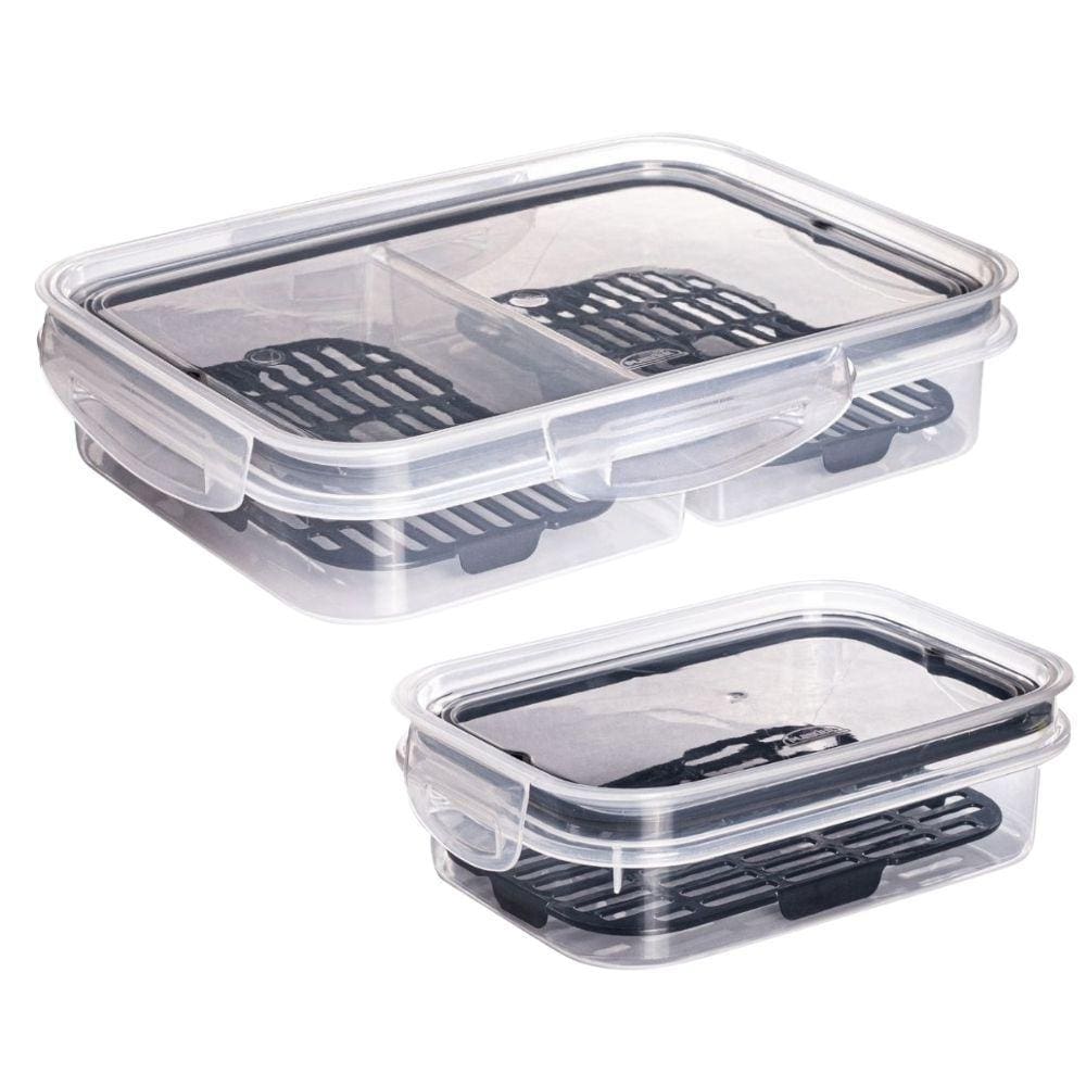 Kit hermético porta frios 2 divisórias com escorredor + pote 500ml com escorredor preto Plasutil