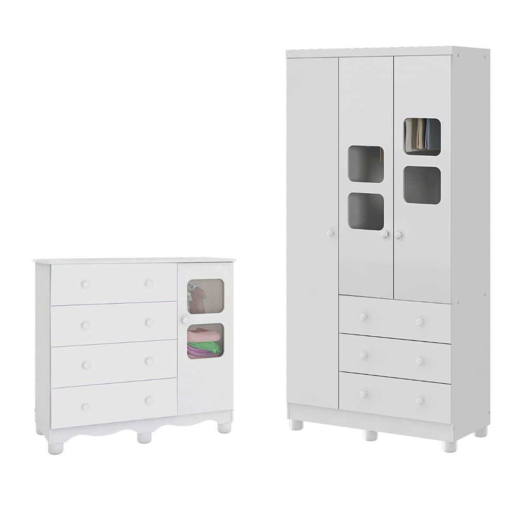 Quarto de Bebê Completo com Guarda Roupa 3 Portas Cômoda Uli 4 Gavetas Móveis Peroba