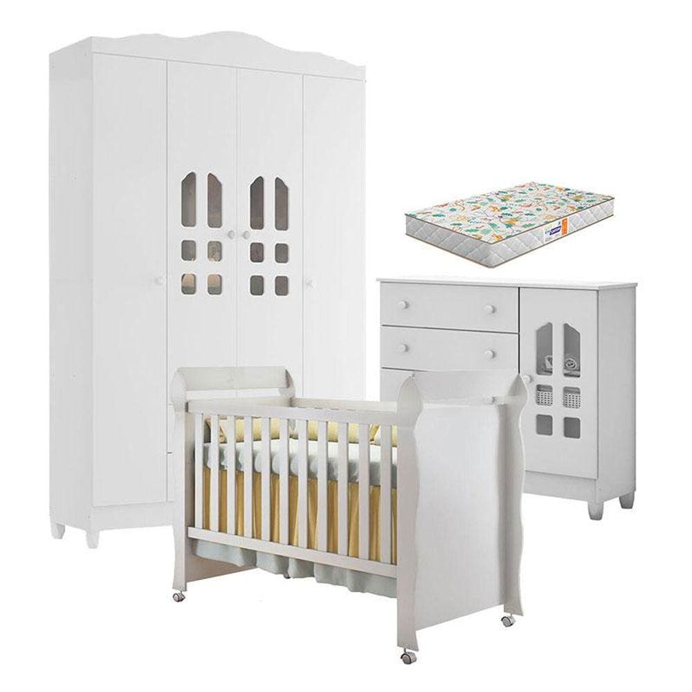 Quarto de Bebê New Selena 4 Portas com Cômoda Selena e Berço Mirelle Branco Brilho e Colchão Gazin - Carolina Móveis