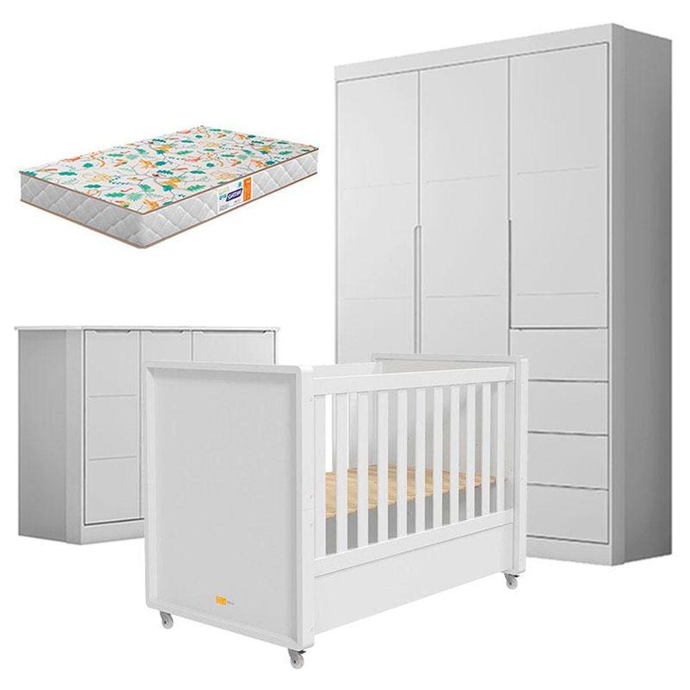 Quarto de Bebê Eloá com Berço Americano Tutto New Branco Acetinado e Colchão Gazin - Phoenix Baby