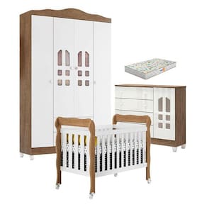 Quarto de Bebê New Selena 4 Portas com Berço Lila e Cômoda Selena Branco Acetinado Amadeirado e Colchão Gazin - Carolina Móveis