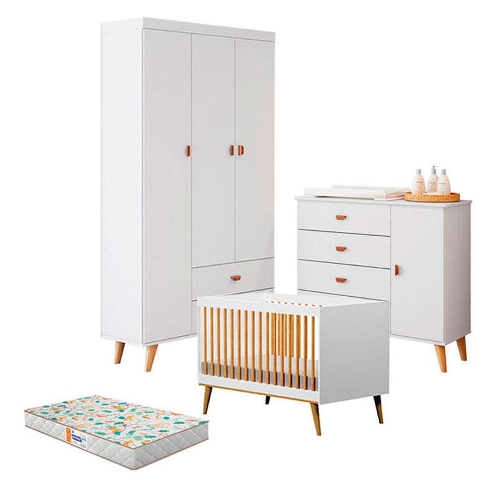 Quarto de Bebê Duda com Berço Americano Ligia Branco Acetinado Bétula e Colchão Gazin - Carolina Móveis
