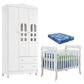 Berço Americano Lila e Guarda Roupa Infantil New Selena 3 Portas Branco Brilho com Colchão Ortobom - Carolina Móveis