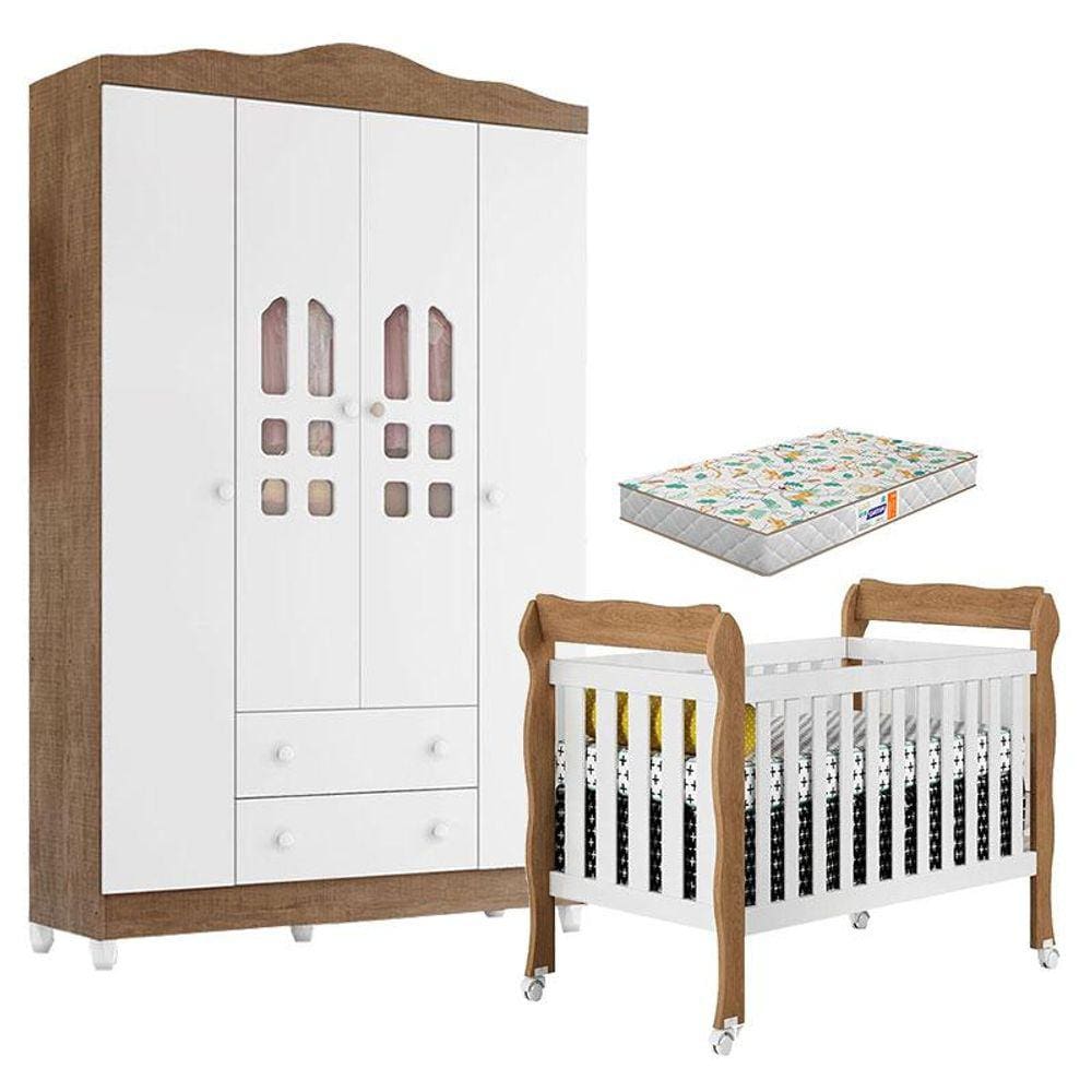 Berço Americano Lila e Guarda Roupa Infantil New Selena 4 Portas Branco Acetinado Amadeirado com Colchão Gazin - Carolina Móveis
