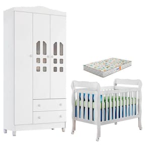 Berço Americano Lila e Guarda Roupa Infantil New Selena 3 Portas Branco Brilho com Colchão Gazin - Carolina Móveis