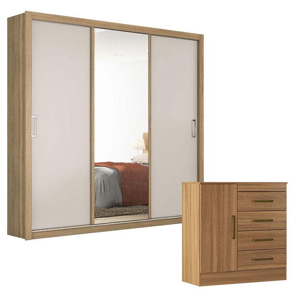 Cômoda Montevidéu e Guarda Roupa Casal Residence Amêndola Off White - Demóbile
