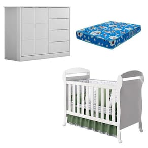 Berço Americano Danny e Cômoda Infantil Eloá Branco Acetinado com Colchão Ortobom - Phoenix Baby