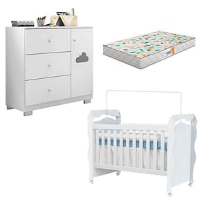 Berço Americano New Nanda e Cômoda Infantil Ane Branco Brilho com Colchão Gazin - Phoenix Baby
